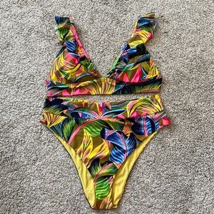 Aerie High Cut Cheeky Bikini Bottom and Ruffle Longline Bikini Top